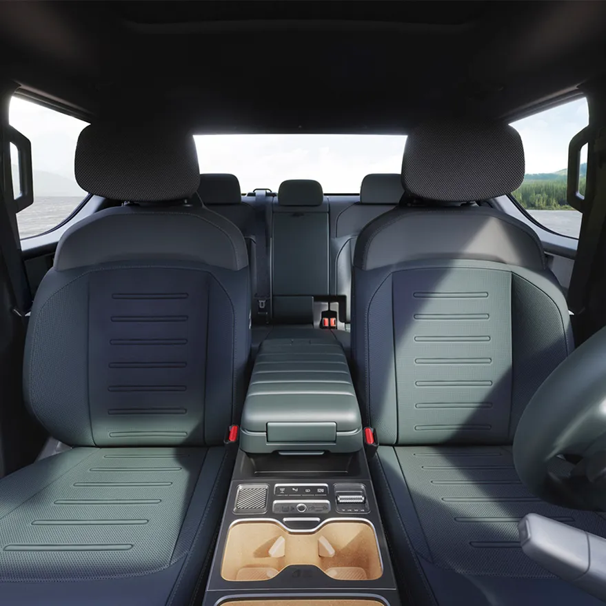 Kia Tasman 4 Kia Tasman interior showing the dashboard and second-row seating