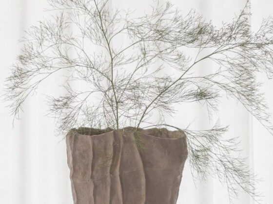 Mette Ditmer Art Piece Artistic Vase in Sand on a natural timber bench